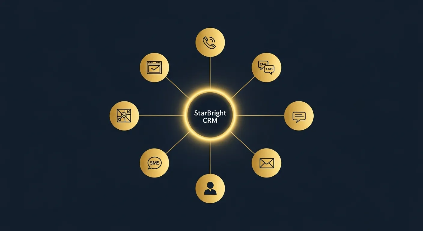 Diagram showing StarBright CRM at the center connecting website, phone, reviews, SMS, social media, and email